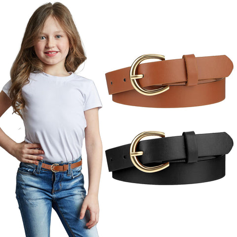 2 PCS Girls Belt 32.3" Elastic Leather Kids Belt, Exquisite Comfortable Skinny Strappy Waist Belt with Double O Ring Buckle (Black/Camel)