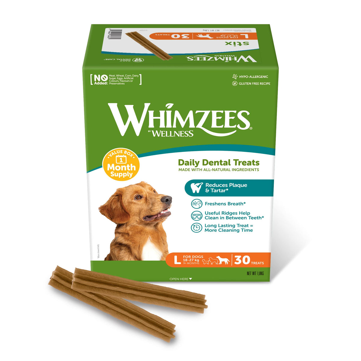 WHIMZEES By Wellness Stix, Month Box, Natural and Grain-Free Dog Chews, Dog Dental Sticks for Large Breeds, 30 Pieces (One Month Supply), Size L