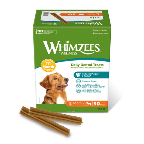 WHIMZEES By Wellness Stix, Month Box, Natural and Grain-Free Dog Chews, Dog Dental Sticks for Large Breeds, 30 Pieces (One Month Supply), Size L