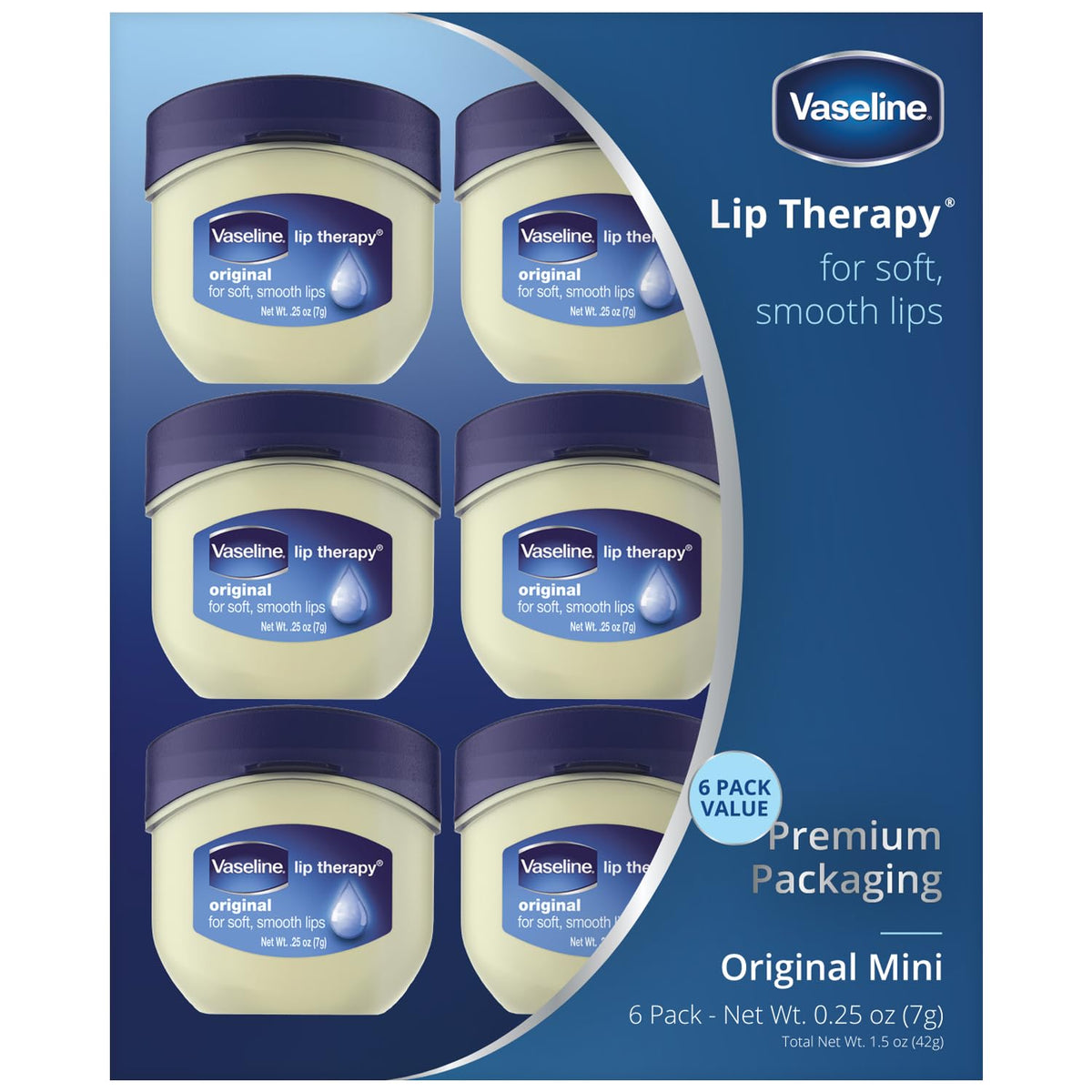 Vaseline Lip Therapy Original - Mini Vaseline Lip Balm, Hydrating Petroleum Jelly, Clear Lip Gloss, Travel-Size, 0.25 Oz Ea (Pack of 6)