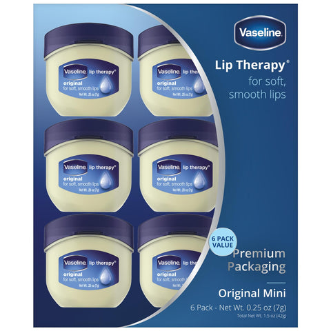 Vaseline Lip Therapy Original - Mini Vaseline Lip Balm, Hydrating Petroleum Jelly, Clear Lip Gloss, Travel-Size, 0.25 Oz Ea (Pack of 6)