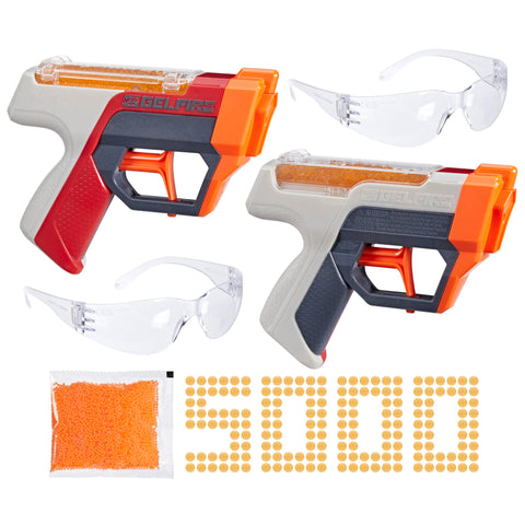 NERF Pro Gelfire Dual Wield Pack, 2 Blasters, No-Prime Firing, 5000 Gelfire Rounds, 2X 100 Round Integrated Hoppers, 2 Eyewear, Ages 14 & Up