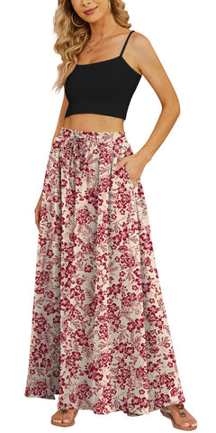 Yincro Women Flowy Maxi Skirt Summer Pleated High Waisted Casual Long Skirts with Pockets (Red Flower Beige, S)