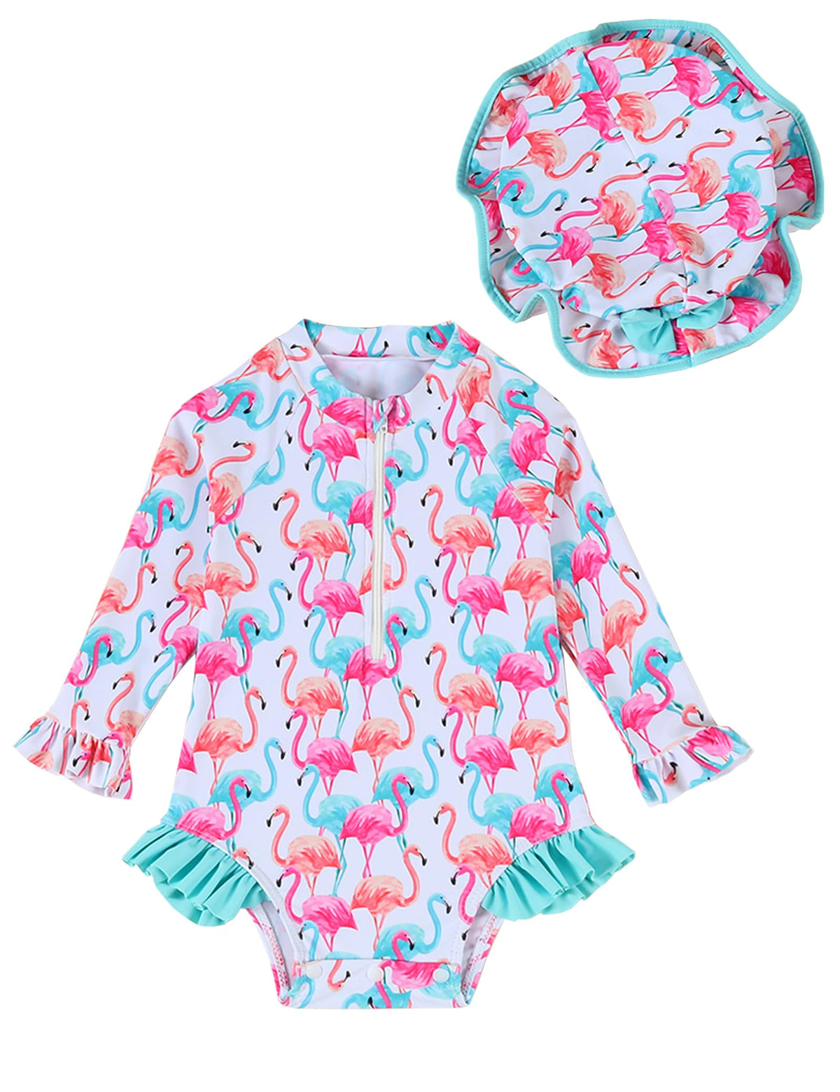 puseky Newborn Baby Girls One Piece Swimsuit Zip Rash Guard with Hat Set Long Sleeve Baby Girl Flamingos Bathing Suit 3-6 Months