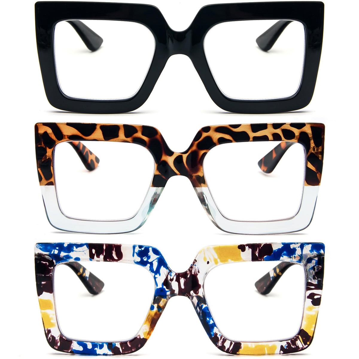 REAVEE 3 Pack Oversized Reading Glasses for Women Large Frame Extra Wide, Blue Light Blocking Readers Stylish Square Thick Eyewear, Black+Leopard Blue+Blue Yellow, 0.0