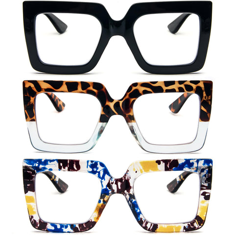 REAVEE 3 Pack Oversized Reading Glasses for Women Large Frame Extra Wide, Blue Light Blocking Readers Stylish Square Thick Eyewear, Black+Leopard Blue+Blue Yellow, 0.0