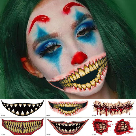 Halloween Face Tattoo Stickers Red and Black Mouth Temporary ticker Tattoo Decal Clown Horror Mouth Face Tattoo Sticker Halloween Prank Makeup Prank Props for Halloween Cosplay Party 10sheets
