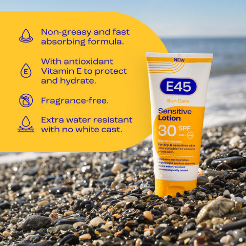 E45 Sun SPF30 Sensitive Sun Cream with Vitamin E - UVA and UVB Protection- Fragrance-Free and Dermatologically Tested Sun Lotion For Body - Suitable For Dry, Sensitive and Eczema Prone Skin (180ml)
