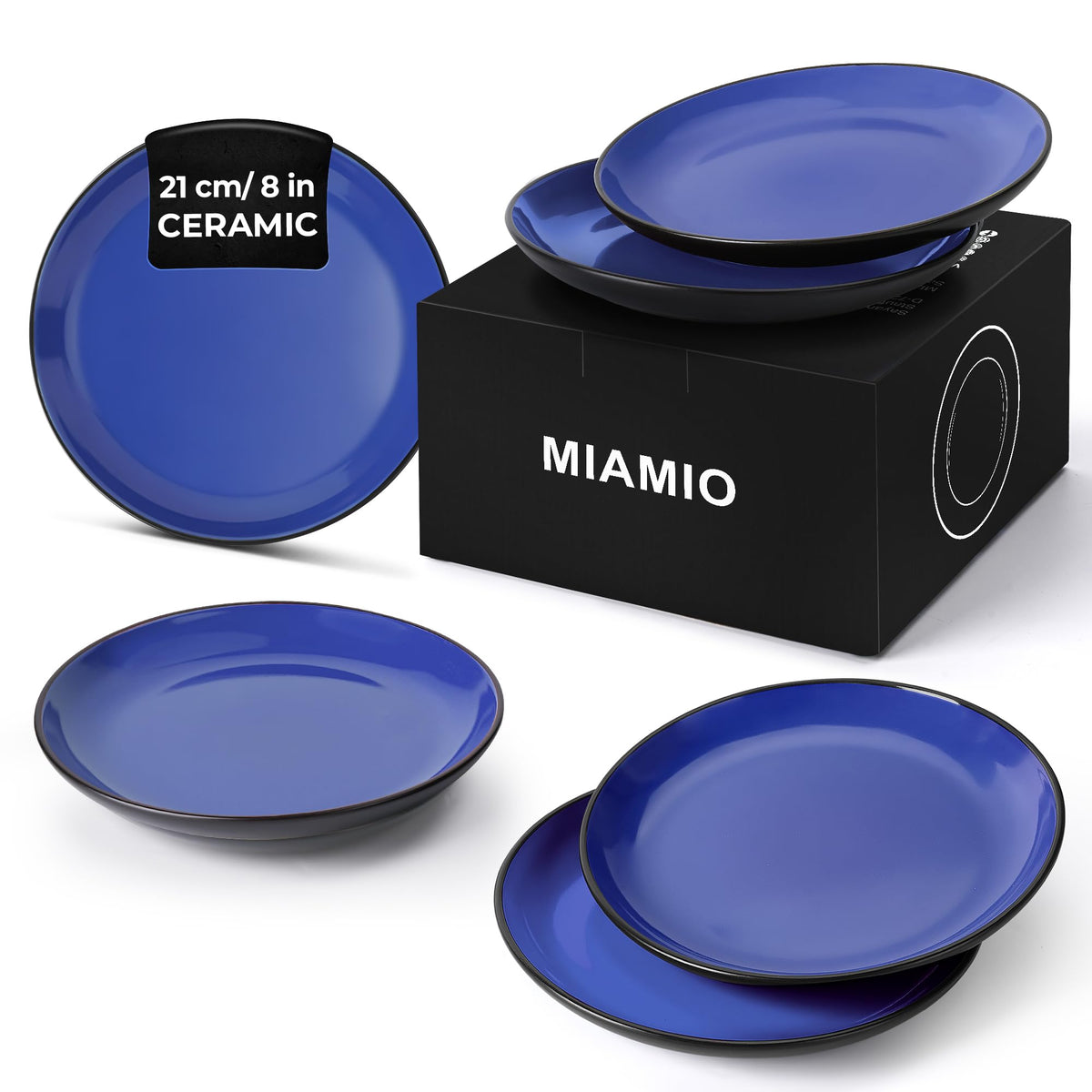 MIAMIO - 6 x Plate/Dinner Plate Set Stoneware Ceramic Tableware Set - Le Papillon Collection (Blue, 21 cm)