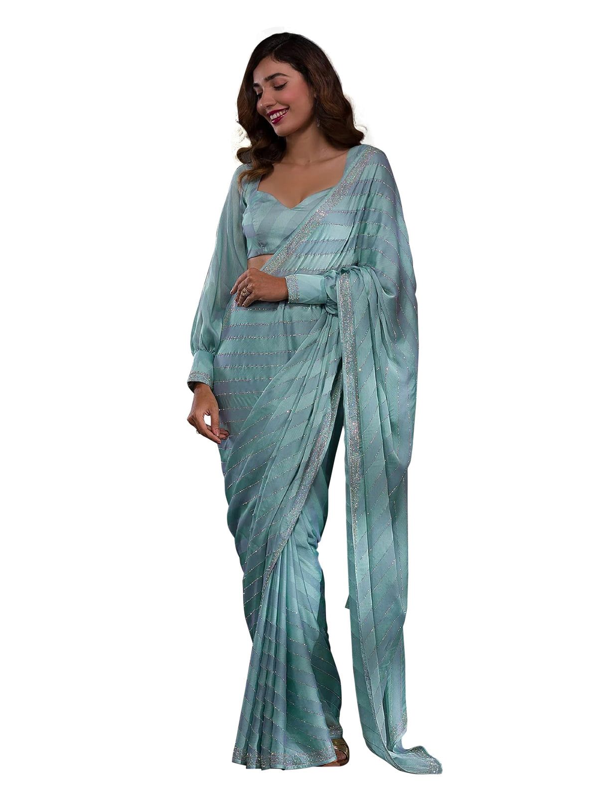 TRENDMALLS Women's Satin Georgette Siroski work Saree with Unstitch Blouse Piece (K1084-Turquoise)