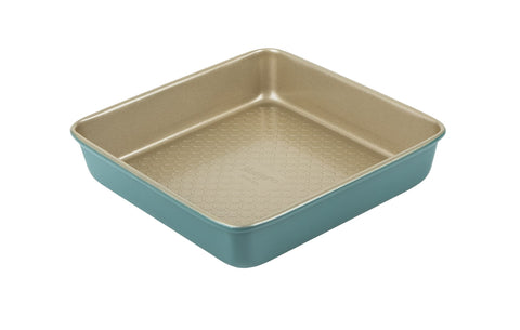 Prestige x Nadiya Square Cake Tins for Baking - Non Stick 9 Inch Cake Tin, Dishwasher Safe Steel Bakeware, Teal & Gold