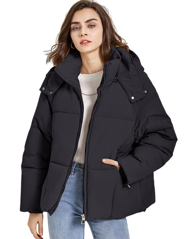 Gihuo Womens Puffer Jacket Full Zip Quilted Hooded Bubble Coats Padded Jacket Long Sleeve Winter Warm Coat Pocket(Black-M)