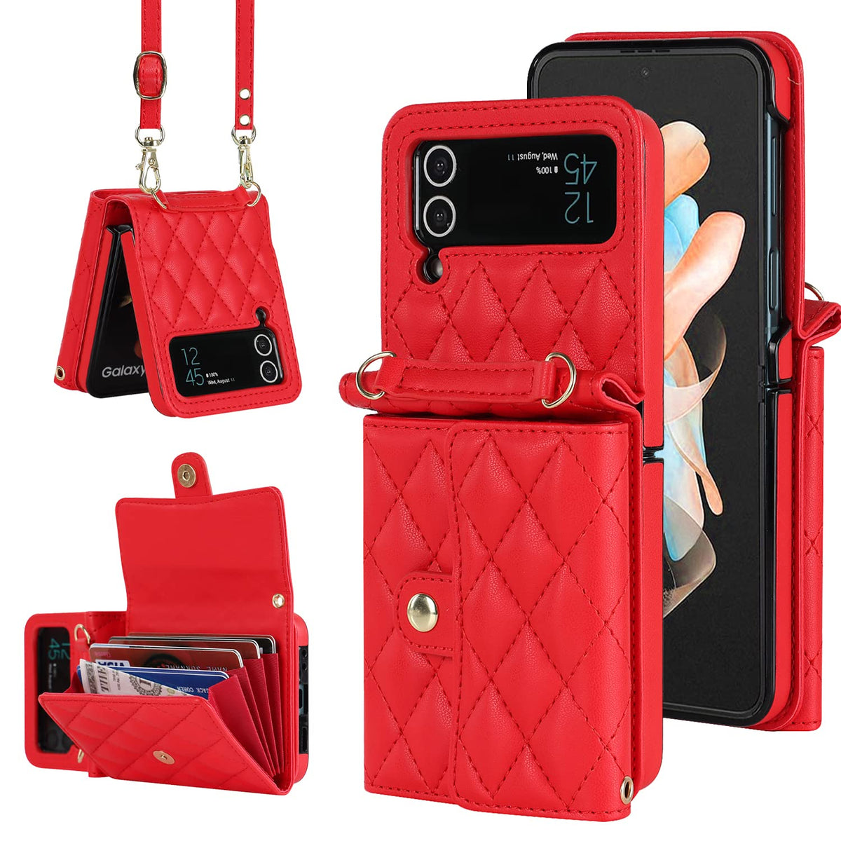 XIMAND for Samsung Galaxy Z Flip 4 Accordion Crossbody Wallet Case, 4 Card Slots, RFID Blocking, and Adjustable Strap - Stylish and Versatile Accessory for The Modern, Chic Woman (Red)