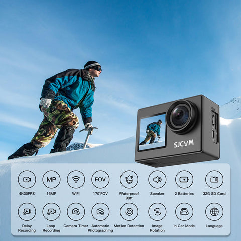 SJCAM Upgraded SJ4000 Action Camera 4K Ultra HD Dual Screen Underwater Camera 98FT Waterproof, 170Ãƒâ€šÃ‚Â° Wide Angle, Stabilization, 5X Zoom, WiFi Camera with Extra Battery, SD Card, Helmet Accessory Kit