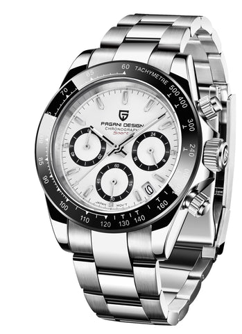 CEYADG Pagani Design Daytona Homage Men's Quartz Watch, Chronograph Wristwatch for Men, VK63 Movement, Stainless Steel Band, PD1644 (White, Stainless Steel)