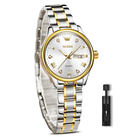 OLEVS Silver Women Watches Gold silver Watches Women with Date Day Stainess Steel Ladies Watches for Small Wrist Two Tone Small Face lady watches Elegent Roman Numeral Watches for Women Reloj De Mujer