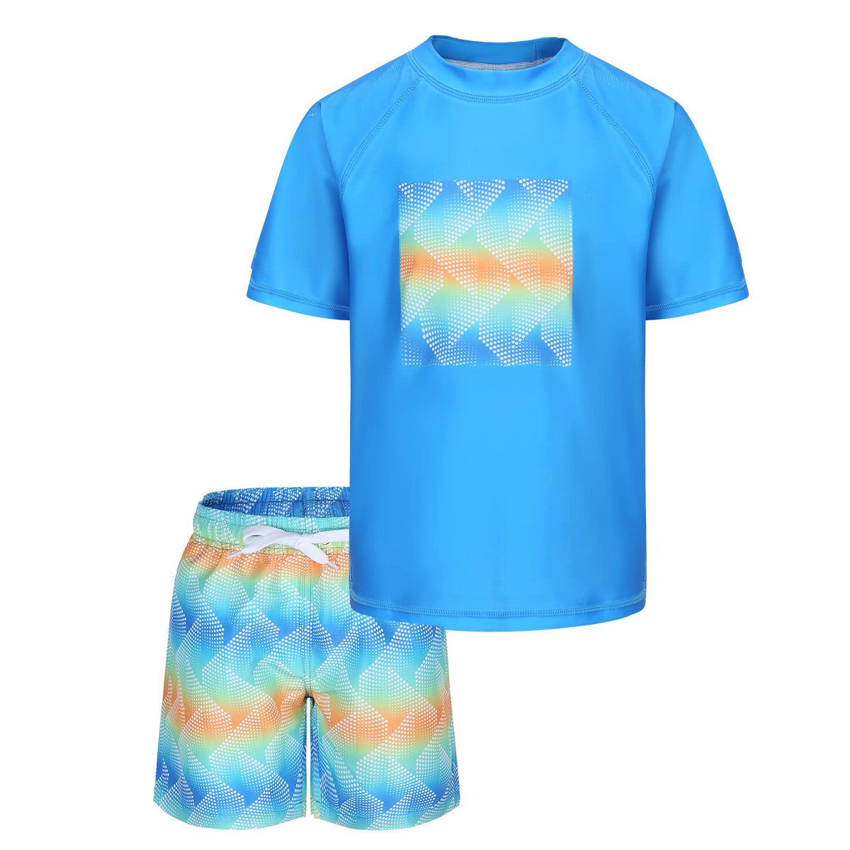 Boys Rash Guard Swimsuits Set for Boys Short Sleeve Swim Shirts with Trunks 2 Piece Quick Dry Swim Set Blue Neon Fantasy Size 14/12-14 Years