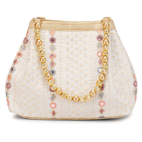 LONGING TO BUY Potli Bag for Women, Evening Bags for Women Handbags, Embroidered Indian Ethnic Potli Bag for Women, Cream-001