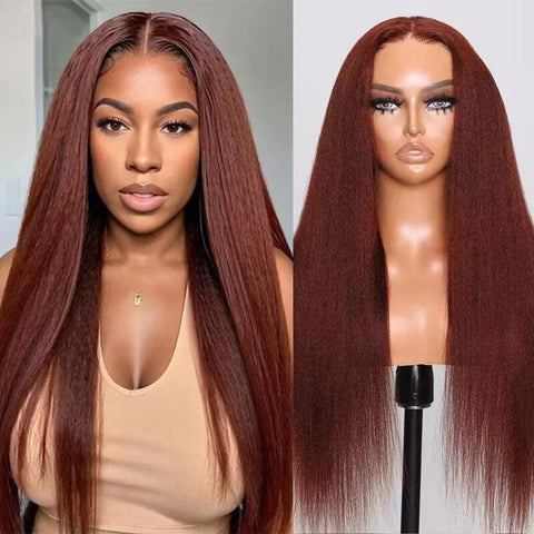 UNICE Bye Bye Knots Glueless Wig Reddish Brown Yaki Straight 7x5 Pre Cut Lace Glueless Wigs Human Hair Pre Plucked Pre Bleached Invisible Knots Human Hair Wig 20 inch