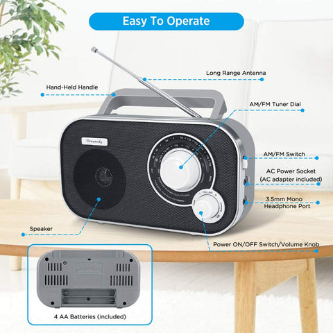 DreamSky AM FM Portable Radio Plug in Wall or Battery Operated for Home & Outdoor, Strong Reception, Large Dial Easy to Use, Transistor Antenna, Headphone Jack, Small Gifts for Seniors Elderly