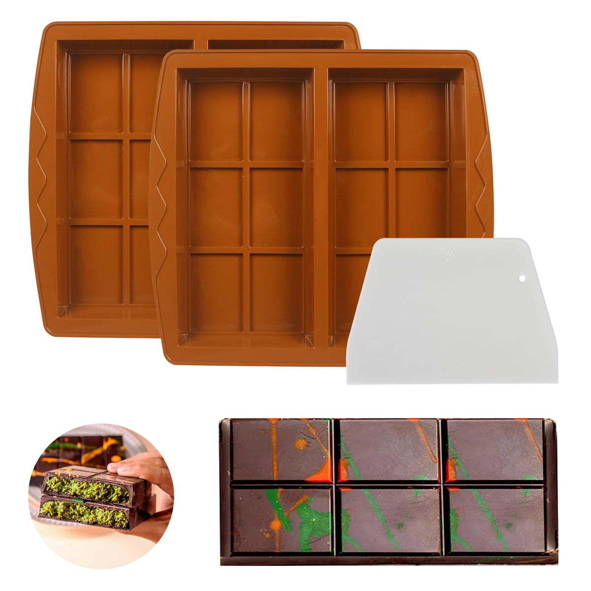 Muswelf 1 Inch Deep Dubai Chocolate Bar Molds, 2PCS Silicone Chocolate Bar Molds, Thick Pistachio Chocolate Bar Molds, Large Kunafa Chocolate Bar Molds, Candy Bar Molds for Baking Homemade Snacks