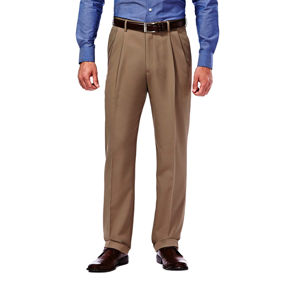 Haggar mens Mynx Gabardine Hidden Expandable Waistband Classic Fit Front Pleated dress pants, Khaki, 38W x 32L US