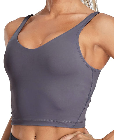 Oalka Sports Bra Womens Longline Padded Crop Tank Yoga Bras Workout Fitness Top Heart Grey Purple S