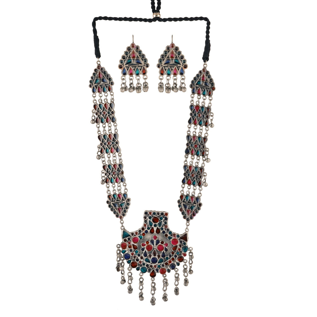 Jwellmart Afghani Turkish Tribal Oxidised Silver Enamel Meenakari Long Pendant Necklace and Earrings Jewellery Set for Women (Multicolor 1)