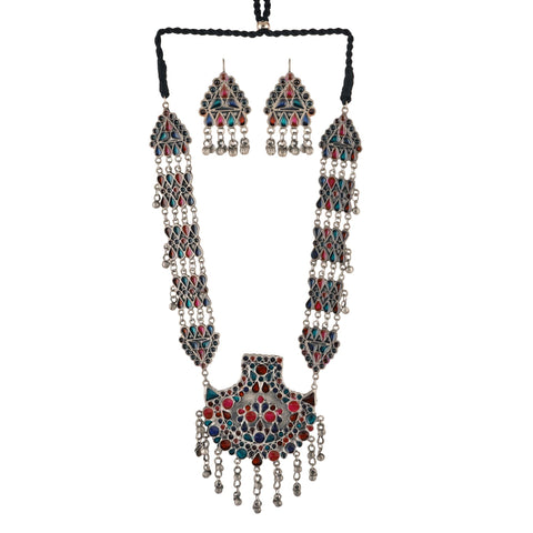 Jwellmart Afghani Turkish Tribal Oxidised Silver Enamel Meenakari Long Pendant Necklace and Earrings Jewellery Set for Women (Multicolor 1)