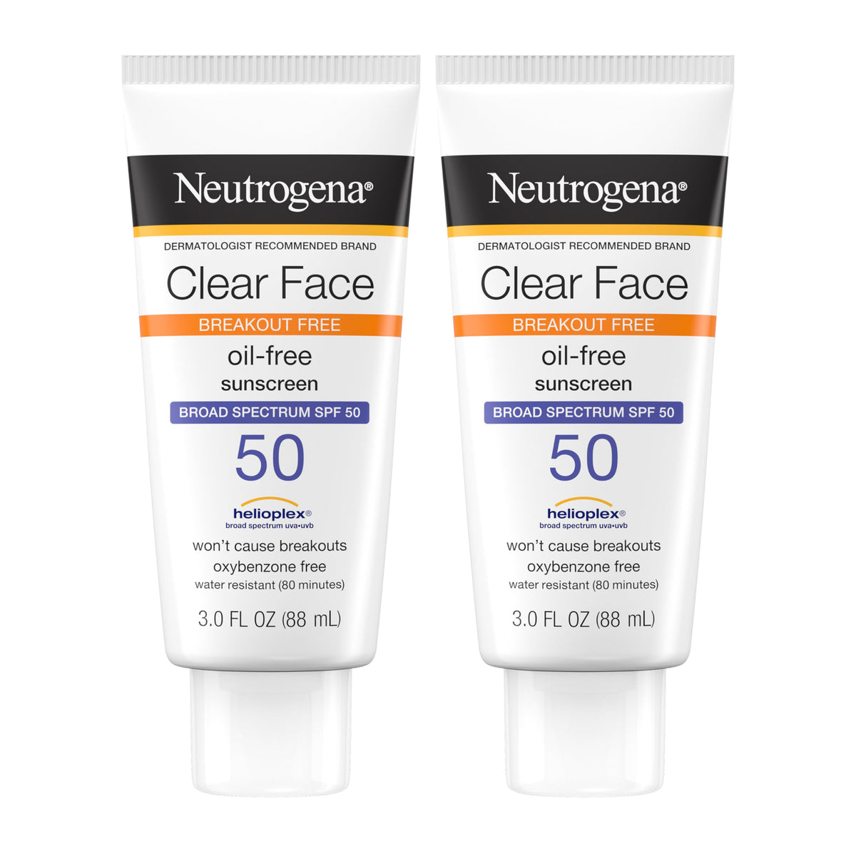 Neutrogena Clear Face Liquid Lotion Sunscreen for Acne-Prone Skin, Broad Spectrum SPF 50 Protection, Oil-, Fragrance- & Oxybenzone-Free Sunscreen, Non-Comedogenic, Twin Pack, 2 x 3 fl. oz