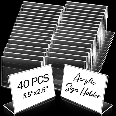 Cptoion 40 Pcs Mini Acrylic Sign Holder,3.5 x 2.5 Inch Slant Back Sign Holders,Clear Sign Display Holder,L Shaped Display Stand,Small Acrylic Stands for Office Desktop,Restaurant,Retail,Horizontal
