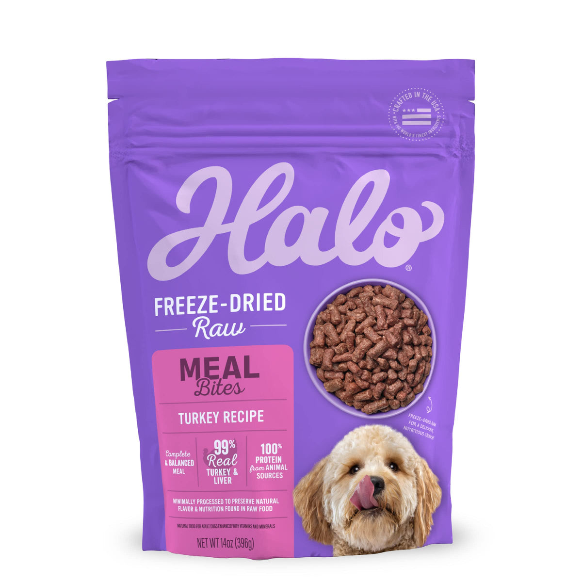 Halo Meal Bites Freeze Dried Raw Dog Food, Turkey Recipe, Real Meat Dog Food Bag, Adult Recipe, 14-OZ Bag