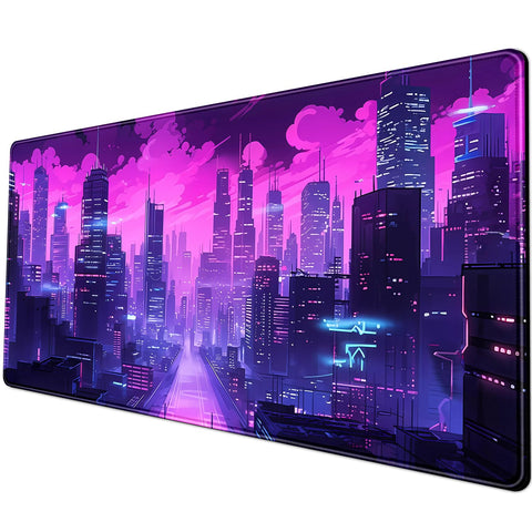 Desk Pad Cyberpunk Purple Desk Mat City Skyline Gaming Extended Mouse Pad Big Office Keyboard Pc Laptop for Women Large Mousepad with Stitched Eges Non-Slip Base Mouse Keyboard Mat 31.5x11.8 in