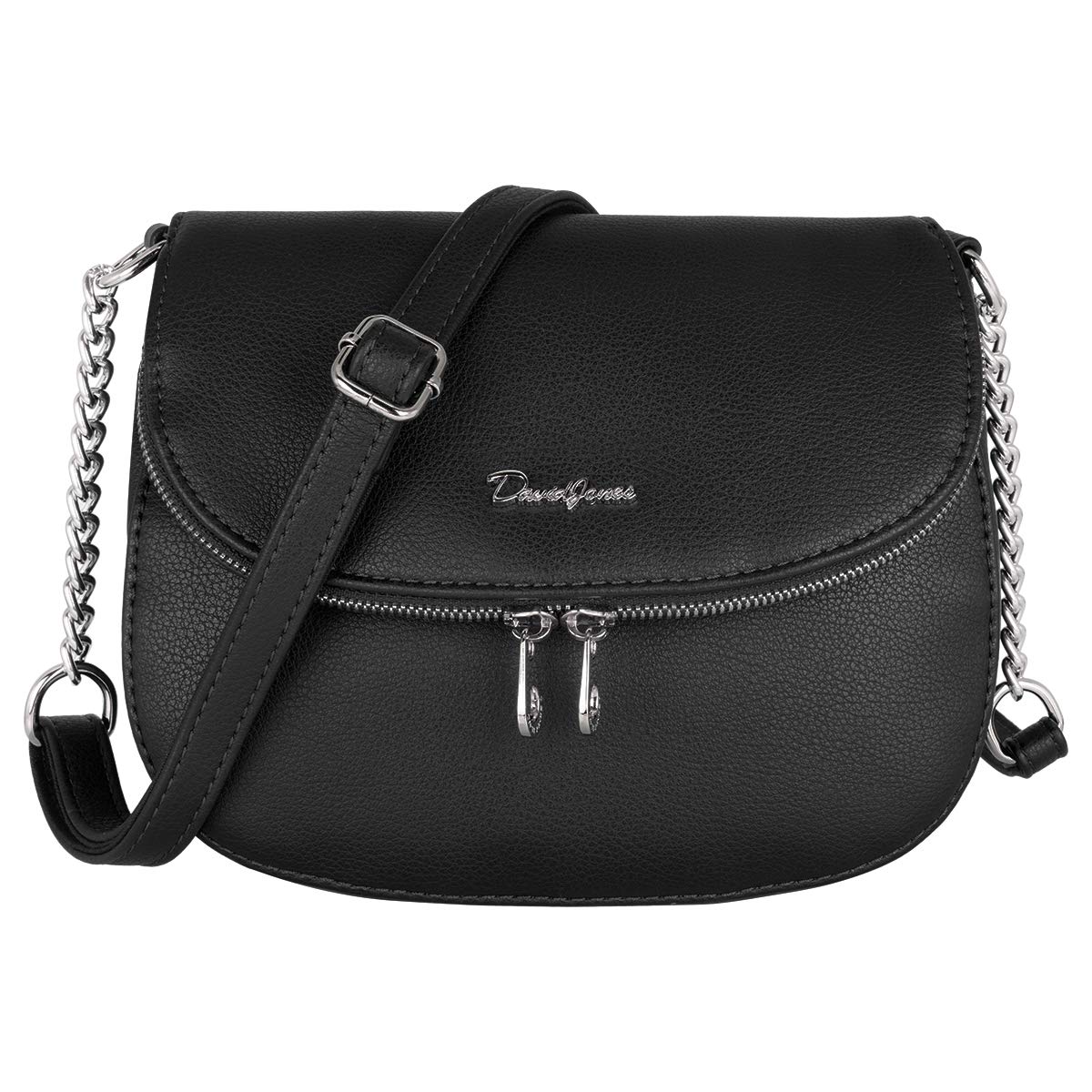 David Jones - Womens Small Crossbody Bag - Ladies Chain Shoulder Bag PU Leather - Zipper Flap Messenger Bag Multiple Pocket - City Casual Saddle Handbag - Work Travel Phone Clutch Purse - Black