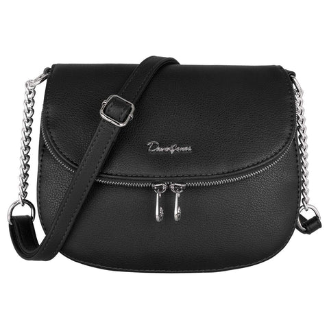 David Jones - Womens Small Crossbody Bag - Ladies Chain Shoulder Bag PU Leather - Zipper Flap Messenger Bag Multiple Pocket - City Casual Saddle Handbag - Work Travel Phone Clutch Purse - Black
