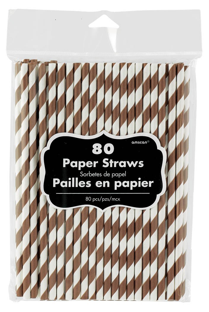 Amscan Disposable Striped Paper Straws Party Tableware, 80 Pieces, Made from Paper, Chocolate Brown, 7 3/4"