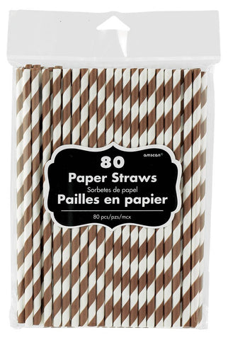 Amscan Disposable Striped Paper Straws Party Tableware, 80 Pieces, Made from Paper, Chocolate Brown, 7 3/4"