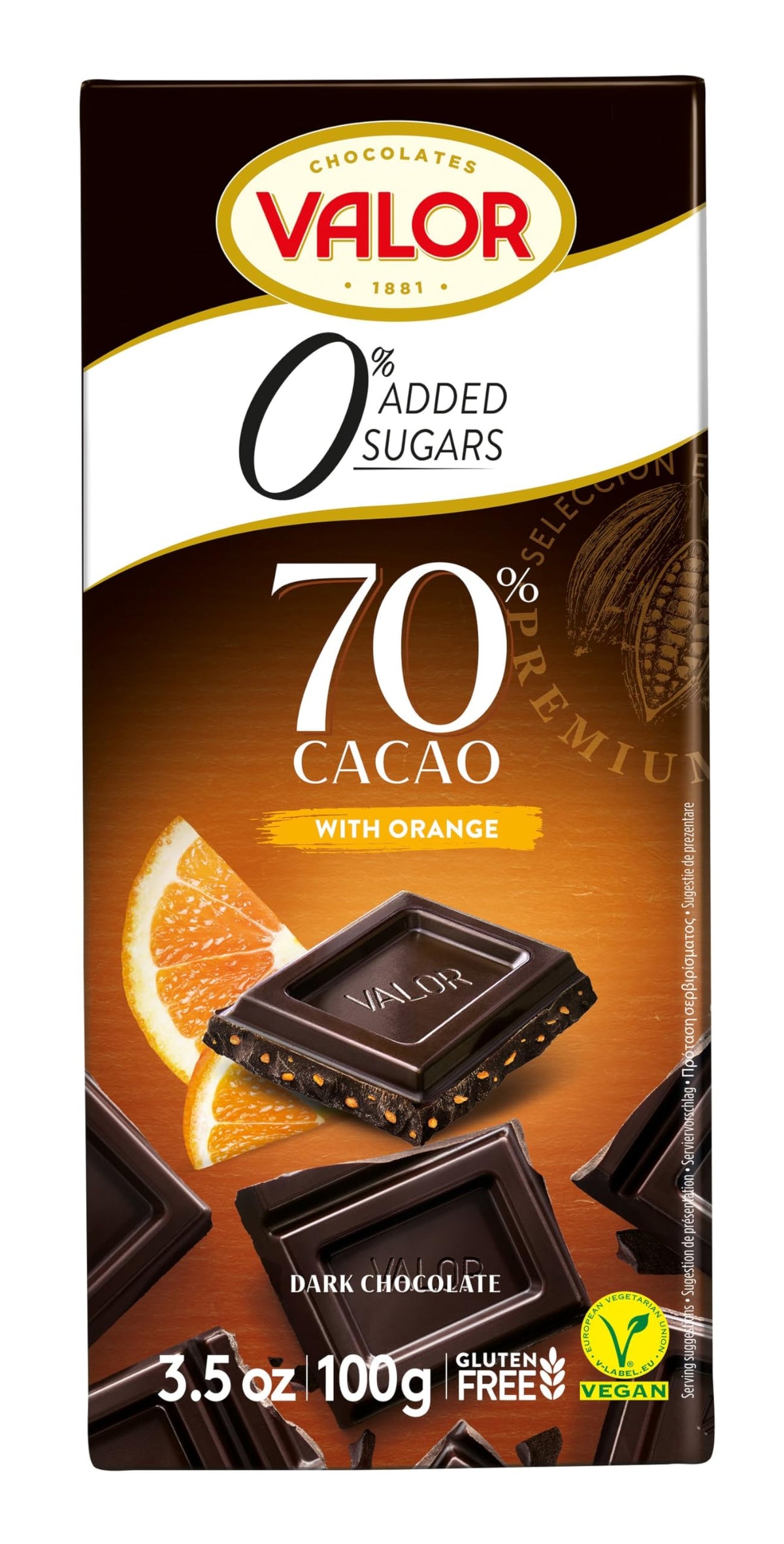 Valor Sugar Free Chocolate - Keto Low Carb Large Chocolate Bar - Diabetic Chocolate - Gluten Free, No Added Sugar, & Vegan Chocolate - 70% Dark Chocolate with Orange Pieces - 100g Bar
