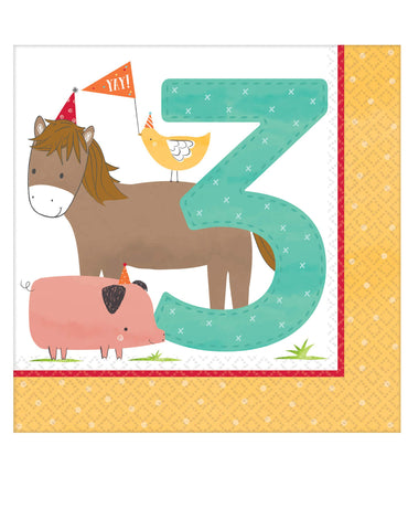 Barnyard"Yay 3" 3rd Birthday Beverage Napkins-16pc