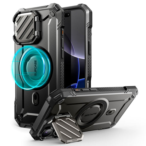 SUPCASE for iPhone 16 Pro Max Case with Camera Cover Stand (UBMag XT), [Compatible with MagSafe] [Built-in Kickstand] [Military-Grade Protection] Heavy Duty Rugged Magnetic Phone Case (Black)
