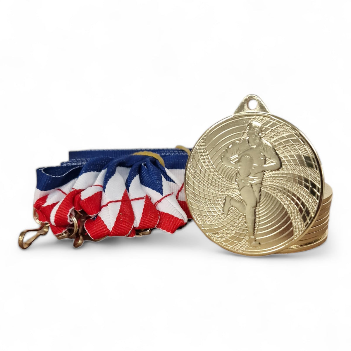 Trophy Monster Pack of 10x Gold Vortex Series Embossed Rugby Medal with FREE Ribbon 50mm stamped iron | Bulk Pack Quantity Deal