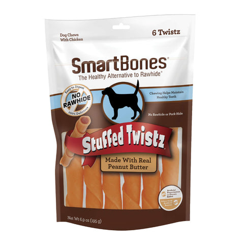 Smartbones Stuffed Twistz with Peanut Butter 6 Count, Rawhide-Free Chews for Dogs, No Artificial Preservatives or Flavors Added, (SBST-00300)