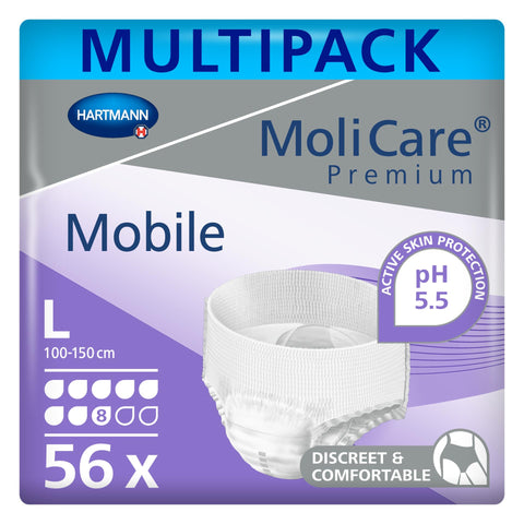 MoliCare Premium Mobile Disposable Pull Up Pants: Discreet Use for Woman and Men with Incontinence; 8 Drops, Size L, Pack of 56