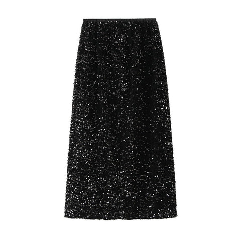 Jemsia Midi Skirt Sequins Skirt with Back Slit,Stretchy High Waist Long Skirt Glitter Pencil Skirt for Night Out Party Homecoming Evening,Black