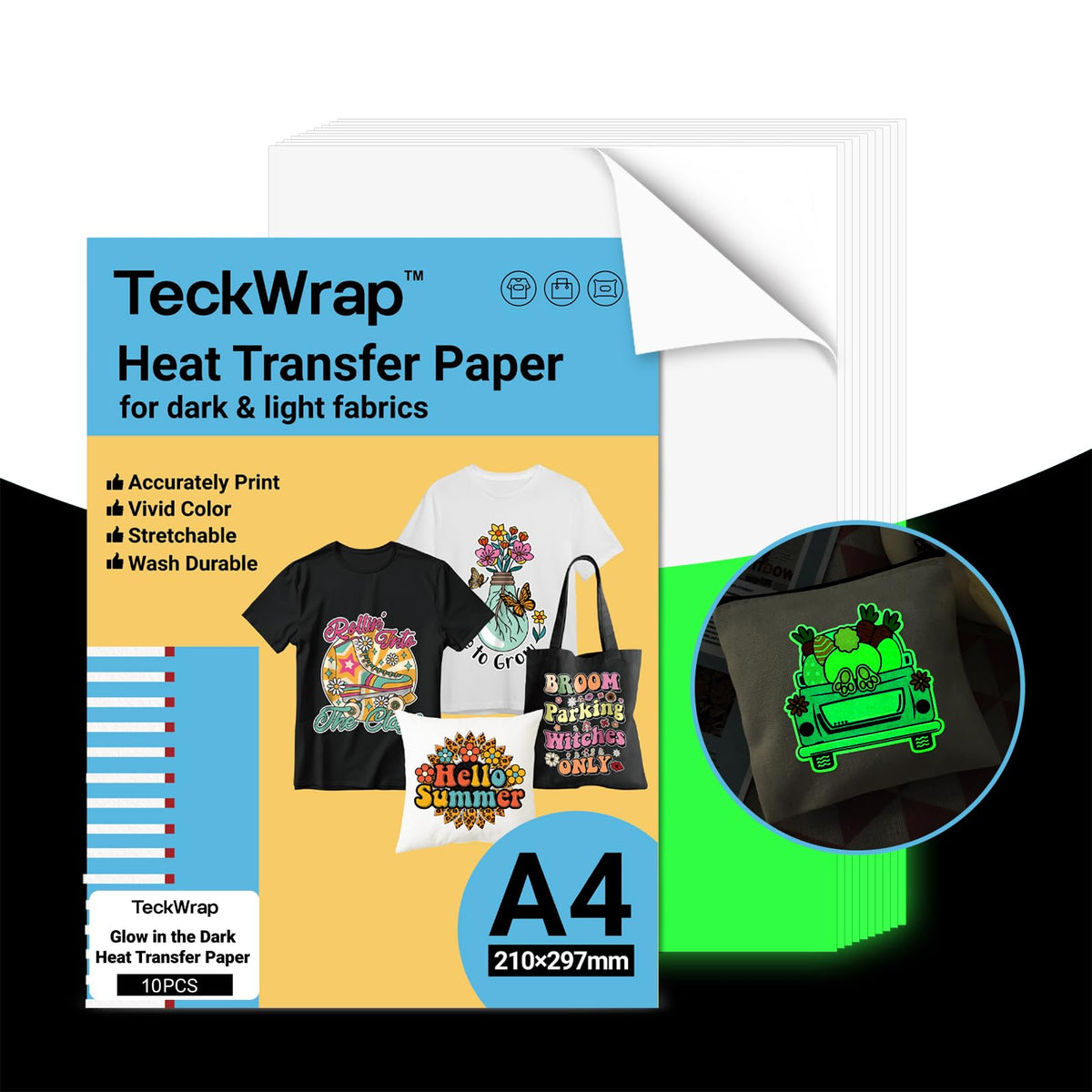TECKWRAP Printable Heat Transfer Paper for T-Shirts 10 Sheets, 8.3" X 11.7" Printable Heat Transfer Vinyl for Inkjet Printer, Iron on Transfer Paper for Light and Dark Fabric (Glow in Dark)