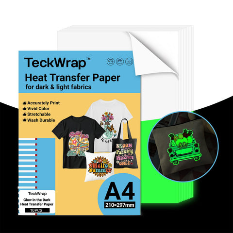 TECKWRAP Printable Heat Transfer Paper for T-Shirts 10 Sheets, 8.3" X 11.7" Printable Heat Transfer Vinyl for Inkjet Printer, Iron on Transfer Paper for Light and Dark Fabric (Glow in Dark)