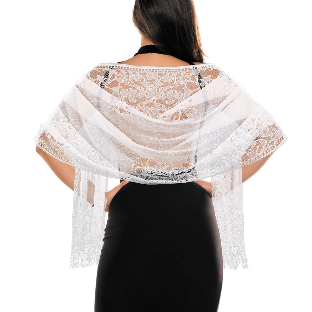 Jeffdad Women's Floral Lace Scarf Shawl wif Tassels for Women's Evening Dress Evening Party Mesh Wedding Shawls (White)