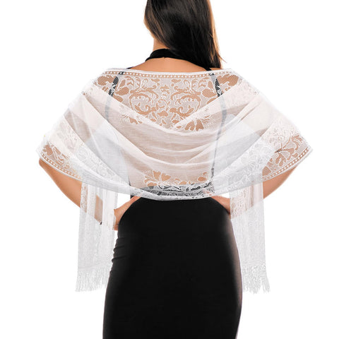 Jeffdad Women's Floral Lace Scarf Shawl wif Tassels for Women's Evening Dress Evening Party Mesh Wedding Shawls (White)