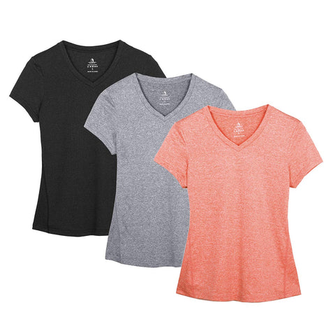 icyzone Workout Shirts Yoga Tops Activewear V-Neck T-Shirts for Women Running Fitness Sports Short Sleeve Tees (L, Black/Granite/Peach)