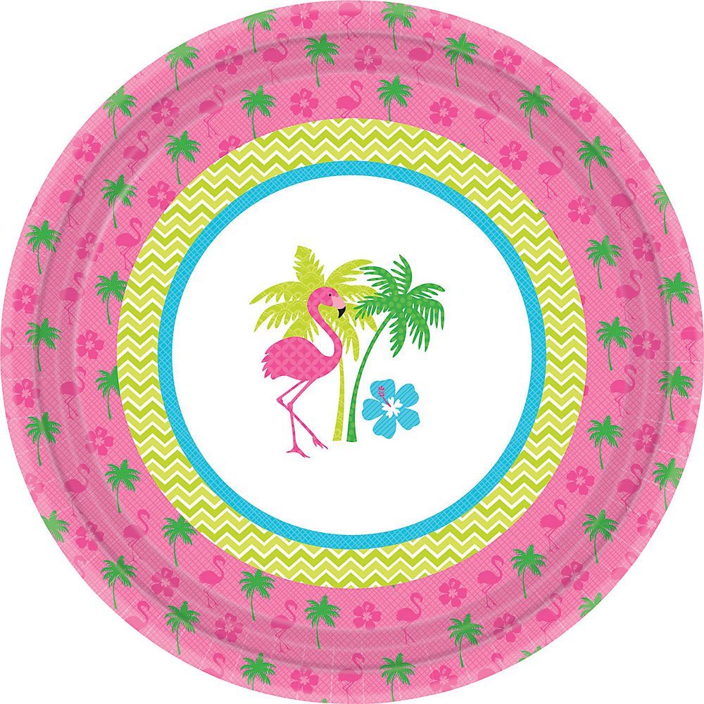 Amscan Sun-Sational Summer Luau Party Flamingo Fun Round Plates (8 Pack), Multi Color, 10.5 x 10.5"